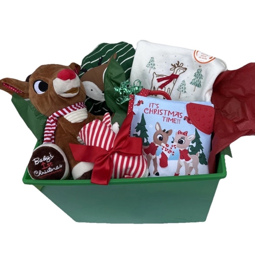 Christmas baby gift basket, Baby's 1st Christmas Rudolph Outfit Lovey & Blanket